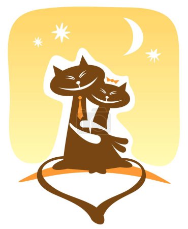 Illustration for Two enamored happy cats on a yellow background. Valentines illustration. - Royalty Free Image