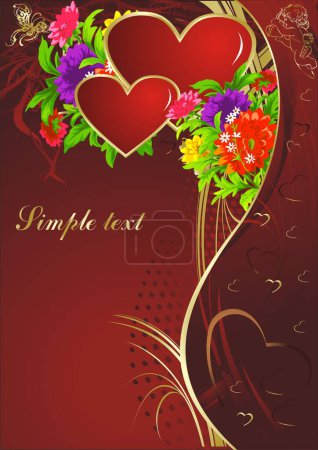 Illustration for Two red hearts with the butterfly and the cupid against bright colours and an ornament - Royalty Free Image