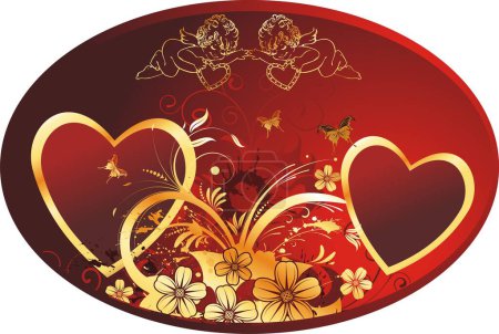 Illustration for Two hearts in an oval framework with cupids, butterflies and colours on a red background - Royalty Free Image