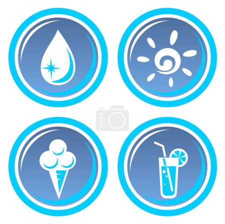Téléchargez les illustrations : Icône sertie de quatre symboles d'été bleu dessin animé
. - en licence libre de droit