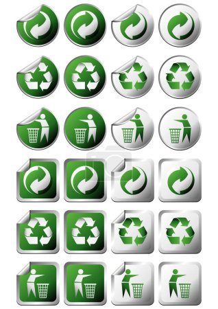 Illustration for Square and round recycle symbol stickers with and without curl - Royalty Free Image