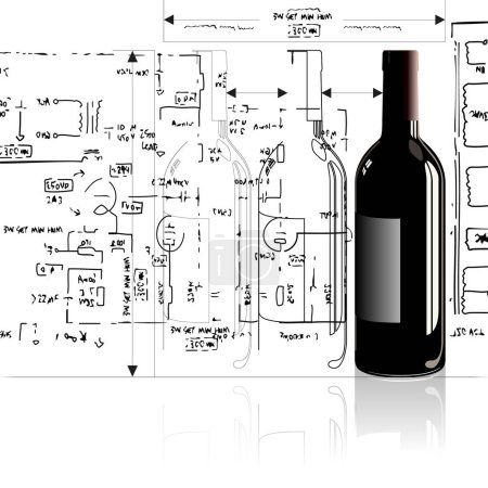 Illustration for A bottle in outline and fully rendered in a technical style. - Royalty Free Image