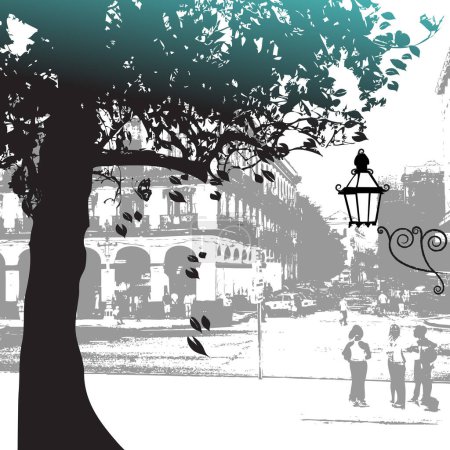 Téléchargez les illustrations : Silhouette d'arbre, scène de rue - en licence libre de droit
