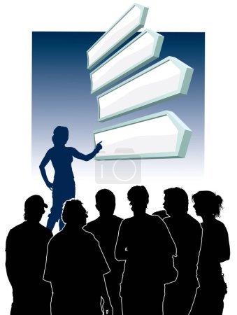 Illustration for People are looking at a group of direction signs - Royalty Free Image