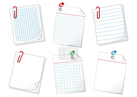 Illustration for Different paper sheets attached with pins and clips over white background - Royalty Free Image