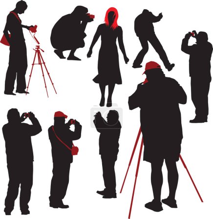 Illustration for 8 silhouettes of photographers shooting young model. Vector illustration - Royalty Free Image