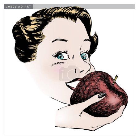 Téléchargez les illustrations : Femme de style gravé des années 1950 mangeant une pomme. Le noir et blanc détaillé de l'authentique grattoir dessiné à la main comprend une colorisation complète. - en licence libre de droit