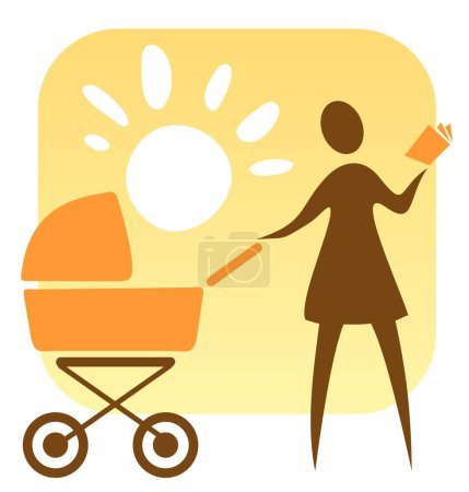 Téléchargez les illustrations : Symbole de maternité. Femme stylisée avec chariot bébé sur un fond solaire. - en licence libre de droit