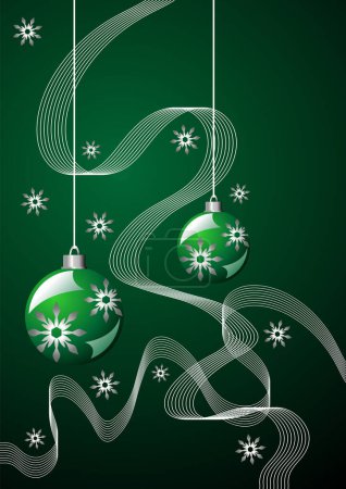 Ilustración de Cintas de cristales de nieve y bolas de Navidad sobre verde - Imagen libre de derechos