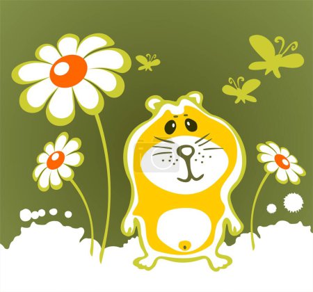 Illustration for Cheerful hamster and flowers  on a green background. - Royalty Free Image