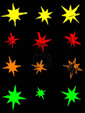 Téléchargez les illustrations : 12 Grunge Stars au néon (Vecteurs Transparents pour pouvoir les superposer à d'autres illustrations, etc. - en licence libre de droit