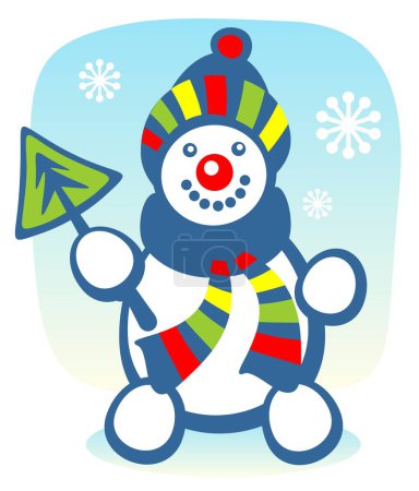 Téléchargez les illustrations : Boule de neige dessin animé avec fourrure-arbre sur fond bleu. Illustration de Noël. - en licence libre de droit