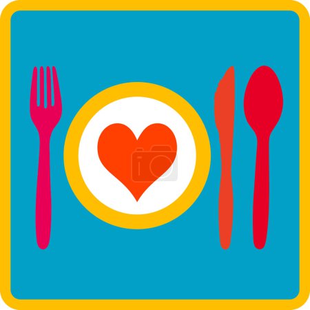 Téléchargez les illustrations : Assiette avec coeur et couverts (Cuillère, fourchette, couteau) - en licence libre de droit