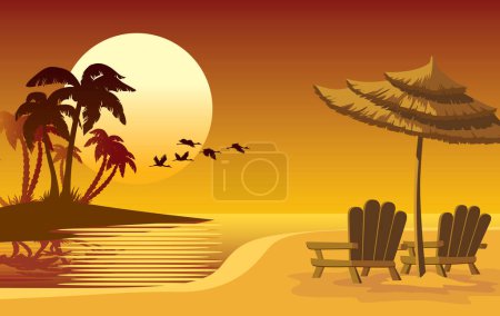 Téléchargez les illustrations : Paysage estival : coucher de soleil, plage, chaises longues et parasol - en licence libre de droit