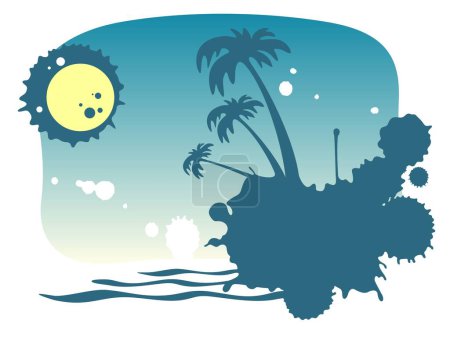 Téléchargez les illustrations : Île stylisée avec palmiers et lune sur fond de ciel nocturne. - en licence libre de droit