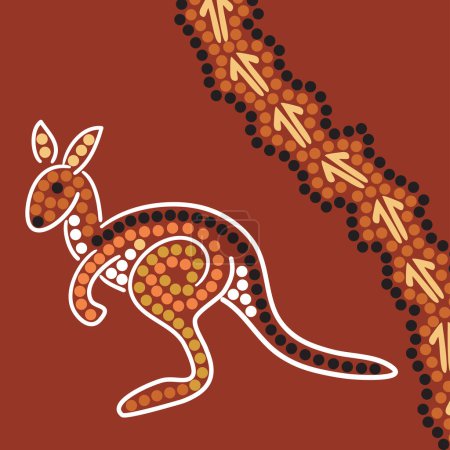 Téléchargez les illustrations : Abstrait autochtone dessiné à la main représentant un kangourou et des pistes de kangourou - en licence libre de droit