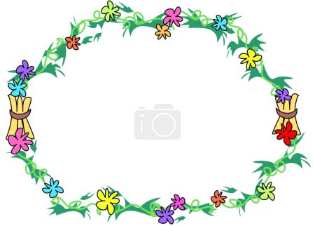 Téléchargez les illustrations : Voici un cadre circulaire coloré de fleurs, feuilles, fleurs et faisceaux de bâtons, style tropical. - en licence libre de droit