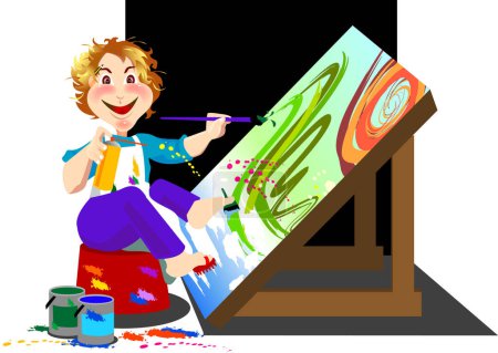 Illustration for A madness artist is using his hands and feet to painting, speedy to finish his artwork. - Royalty Free Image