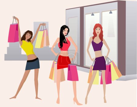Illustration for Shopping girls - vector image - vector illustration - Royalty Free Image