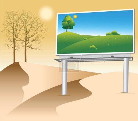 Ilustración de Valla publicitaria con un cartel natural verde en tierras desiertas - Imagen libre de derechos