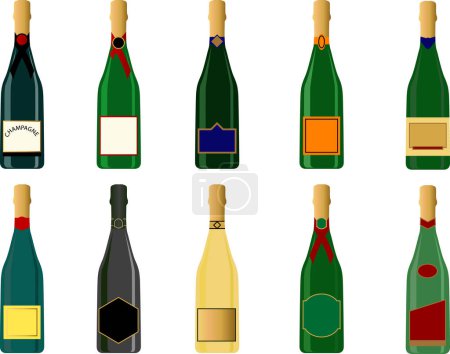 Téléchargez les illustrations : Diverses bouteilles de champagne génériques en format vectoriel. Les étiquettes peuvent être utilisées pour les messages texte. - en licence libre de droit