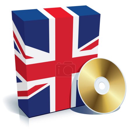 Ilustración de Caja de software en inglés con colores de bandera nacional y CD. - Imagen libre de derechos