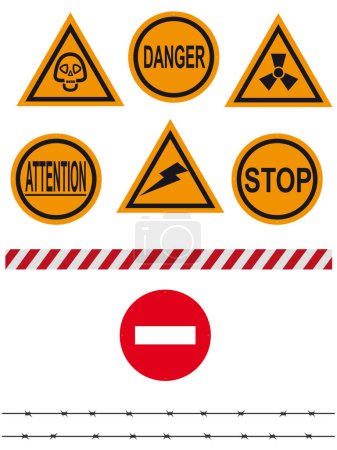 Illustration for Signs on an interdiction and the prevention, barbed wire, barrier - a vecto - Royalty Free Image