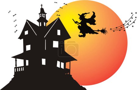 Foto de Vector. Tema Halloween con la luna llena casa oscura y bruja. - Imagen libre de derechos
