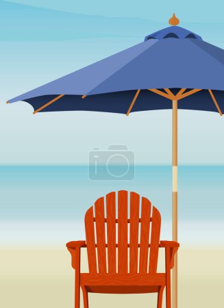 Illustration for Adirondack Chair and Market Umbrella at beach; Chair and Umbrella are complete. Easy-edit layered file. - Royalty Free Image
