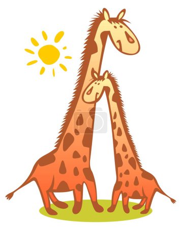 Téléchargez les illustrations : Deux girafes drôles et le soleil isolé sur un fond blanc. - en licence libre de droit