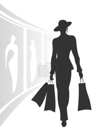 Téléchargez les illustrations : Silhouette noire de la femme allant de magasin avec des paquets dans les mains. - en licence libre de droit