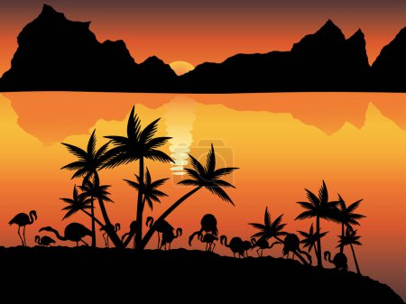 Téléchargez les illustrations : Image vectorielle du déclin avec flamant rose, montagnes, océan et palmiers. - en licence libre de droit