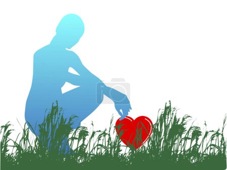 Illustration for Silhouette of a young woman picking love heart from grass - Royalty Free Image