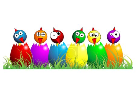 Ilustración de Pollitos de Pascua con diferentes caras colores y posiciones sobre blanco - Imagen libre de derechos