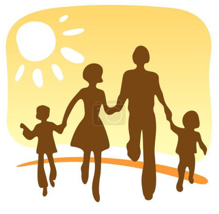Ilustración de Siluetas estilizadas de la familia feliz sobre un fondo amarillo. - Imagen libre de derechos