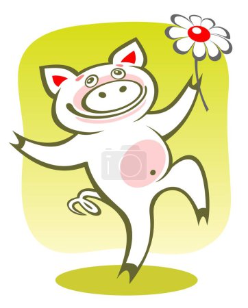 Ilustración de Dibujos animados feliz cerdito con flor sobre un fondo verde. - Imagen libre de derechos