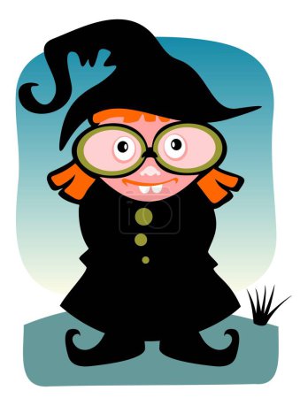 Téléchargez les illustrations : Jeune sorcière de dessin animé sur fond bleu. Illustration Halloween. - en licence libre de droit