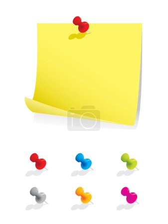 Illustration for Blank note paper with colourful pins.  Please check my portfolio for more stationary illustrations. - Royalty Free Image