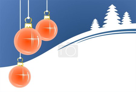 Téléchargez les illustrations : Trois boules de Noël roses ornées et des silhouettes de sapin sur un fond bleu foncé. Illustration numérique. - en licence libre de droit