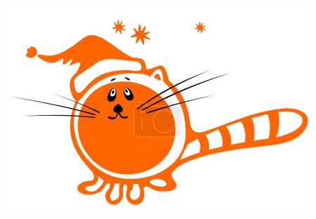 Ilustración de Gato estilizado con gorra navideña sobre fondo blanco. La ilustración digital. - Imagen libre de derechos