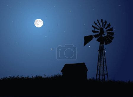 Illustration for View of a rural farm silhouetted by the full moon. - Royalty Free Image