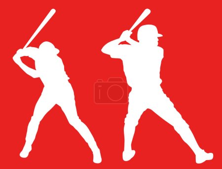 Téléchargez les illustrations : Deux silhouettes vectorielles de joueurs de baseball jusqu'à la boîte à frappeurs. Batteurs gauchers et droitiers. - en licence libre de droit