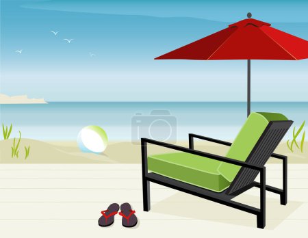 Illustration for Modern Chair and Market Umbrella at beach; Easy-edit layered file. - Royalty Free Image