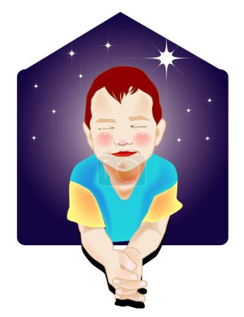 Téléchargez les illustrations : Une illustration vectorielle pour un petit garçon prie avec un fond de nuit étoilé brillant - en licence libre de droit
