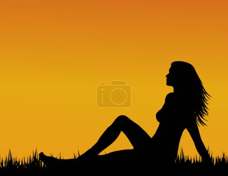 Téléchargez les illustrations : Illustration vectorielle d'une jeune femme assise dans l'herbe au coucher du soleil. - en licence libre de droit