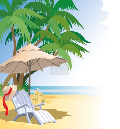 Téléchargez les illustrations : Plage, palmiers, mer, chaises longues et parasol. - en licence libre de droit