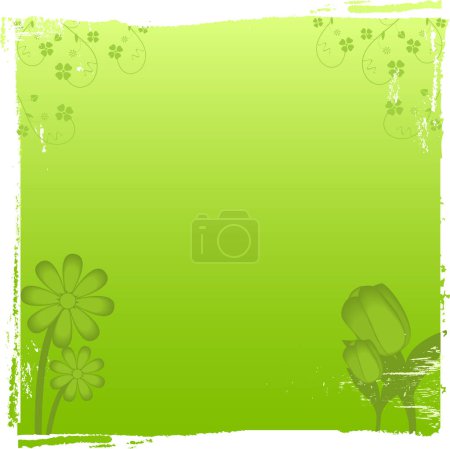 Ilustración de Fondo verde angustiado con tulipanes y margaritas - Imagen libre de derechos