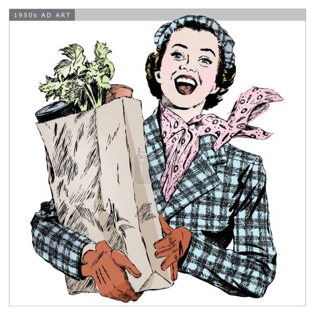 Illustration for Vintage 1950s etched-style woman with grocery bag.  Detailed black and white from authentic hand-drawn scratchboard includes full colorization. - Royalty Free Image