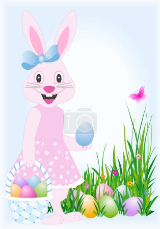 Ilustración de Riendo conejito hembra de Pascua en la hierba con cesta y huevos - Imagen libre de derechos