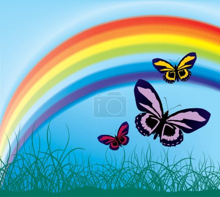 Ilustración de Mariposas voladoras sobre el fondo de un arco iris (malla y vector) - Imagen libre de derechos
